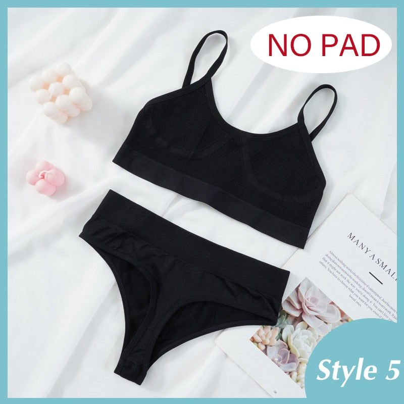 Seamless ribbed bralette and panty lingerie set by The Clothing Company Sydney, wire-free design with comfortable fit.