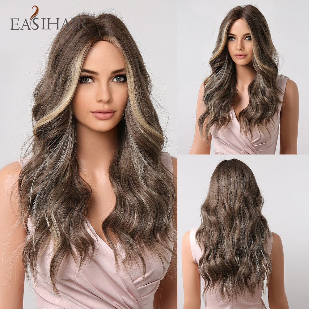 Long wavy synthetic wig with ombre brown, gray ash, and blonde highlights, featuring a middle part, heat-resistant hair for women.