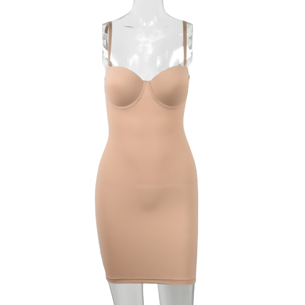 White mesh shapewear dress undergarment for women with underwire, control slip, tube mini underskirt, perfect for parties.