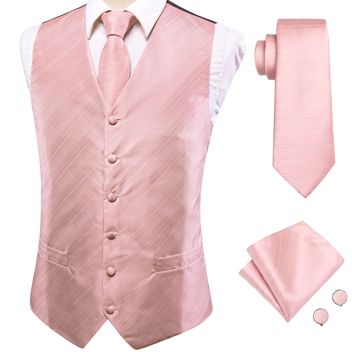 Luxury men's silk vest and tie set with paisley, floral, and plaid patterns in blue, gold, red, and silver for wedding attire.