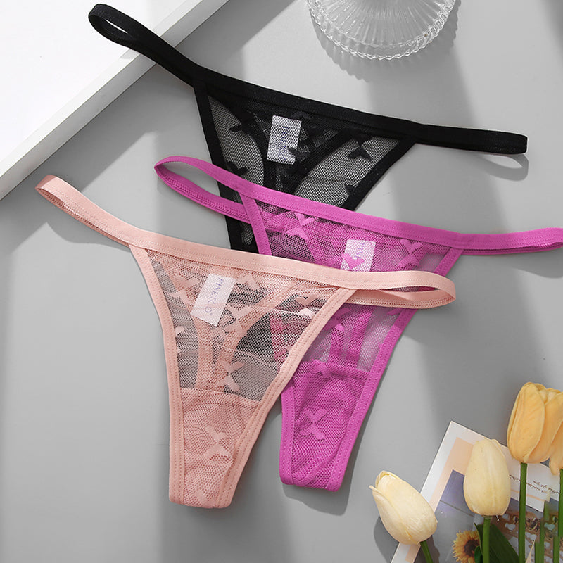Two transparent mesh G-string panties for women, seamless thong underwear by The Clothing Company Sydney, showing delicate lace details.