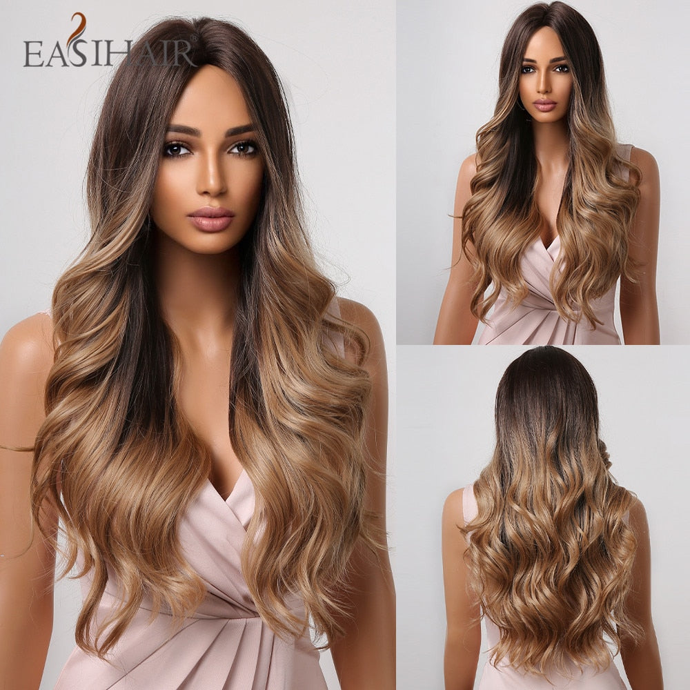 Long wavy synthetic wig with ombre brown, gray, and blonde shades, featuring a middle part, designed for women and cosplay.