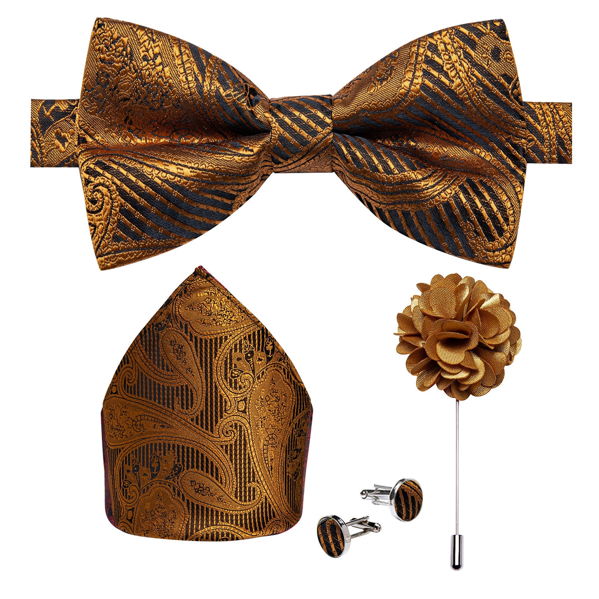 Red pre-tied wedding bow tie set with silk butterfly knot, matching cufflinks, and corsage for men's formal accessories.