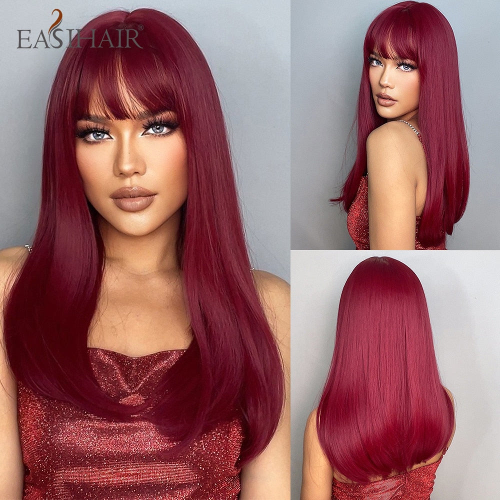 Brown straight synthetic wig with bangs, layered hair for women, heat-resistant cosplay and daily wear accessory.