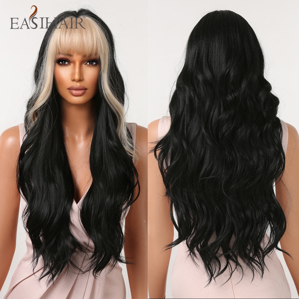 Long brown and blonde synthetic wavy wig with bangs, heat-resistant, for women, daily wear, cosplay, by The Clothing Company Sydney