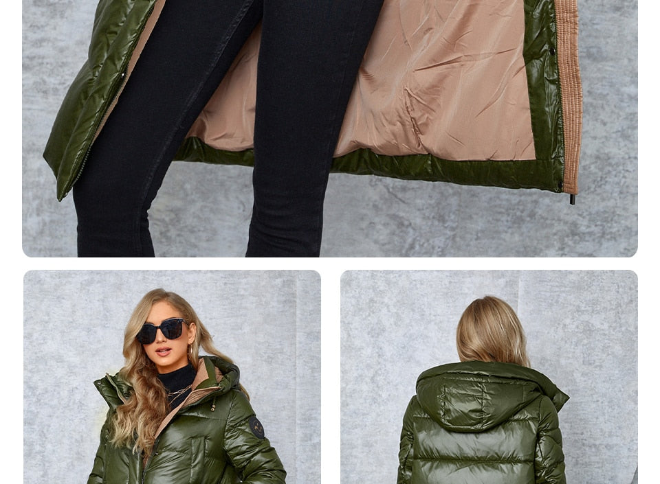 Women's down jacket by The Clothing Company Sydney featuring a long slim design, stand collar, hood, zipper, and large pockets.