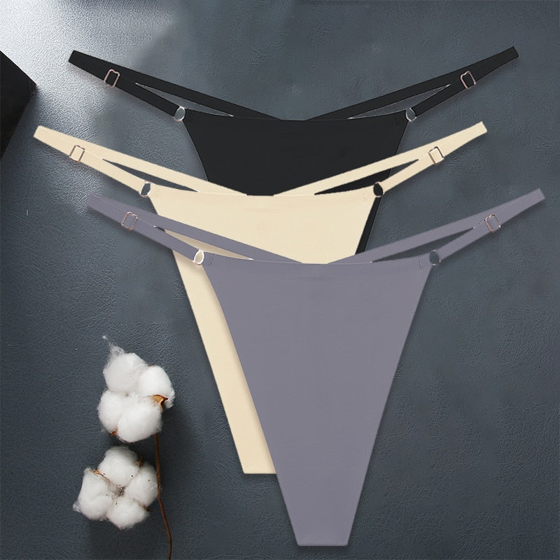 Three seamless women's G-string panties from The Clothing Company Sydney, featuring adjustable straps and ice silk material.