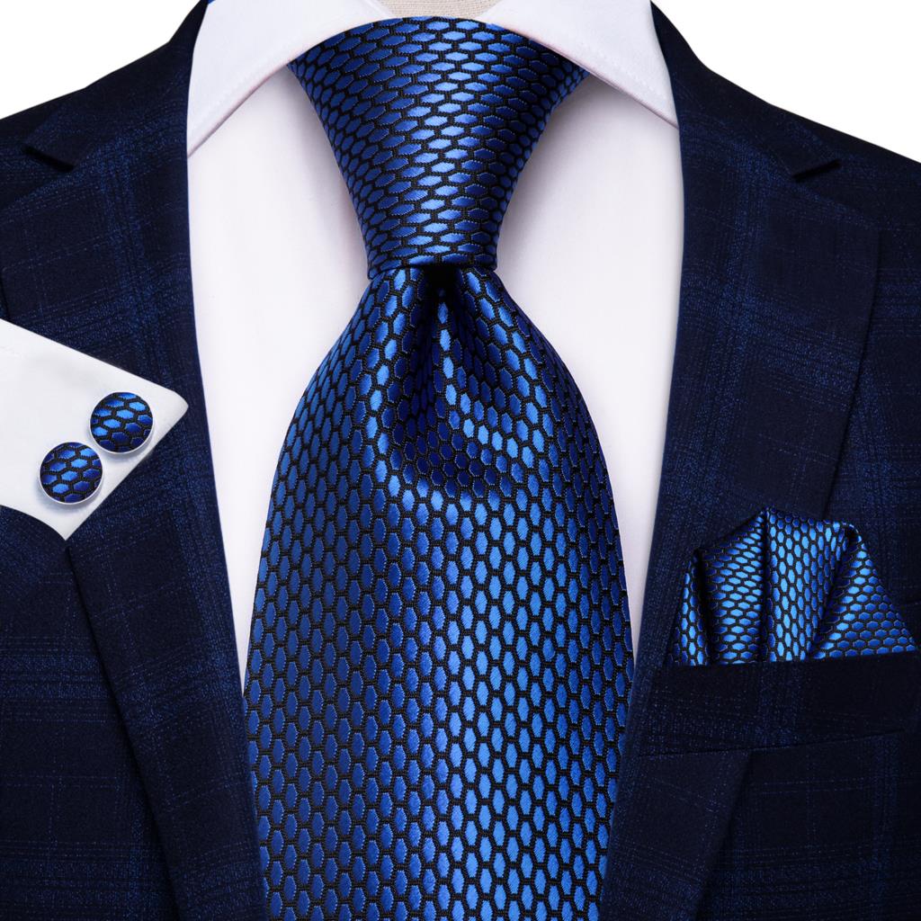 Blue silk business tie with dots, plaid pattern, and matching cufflinks, 150cm length, from The Clothing Company Sydney.