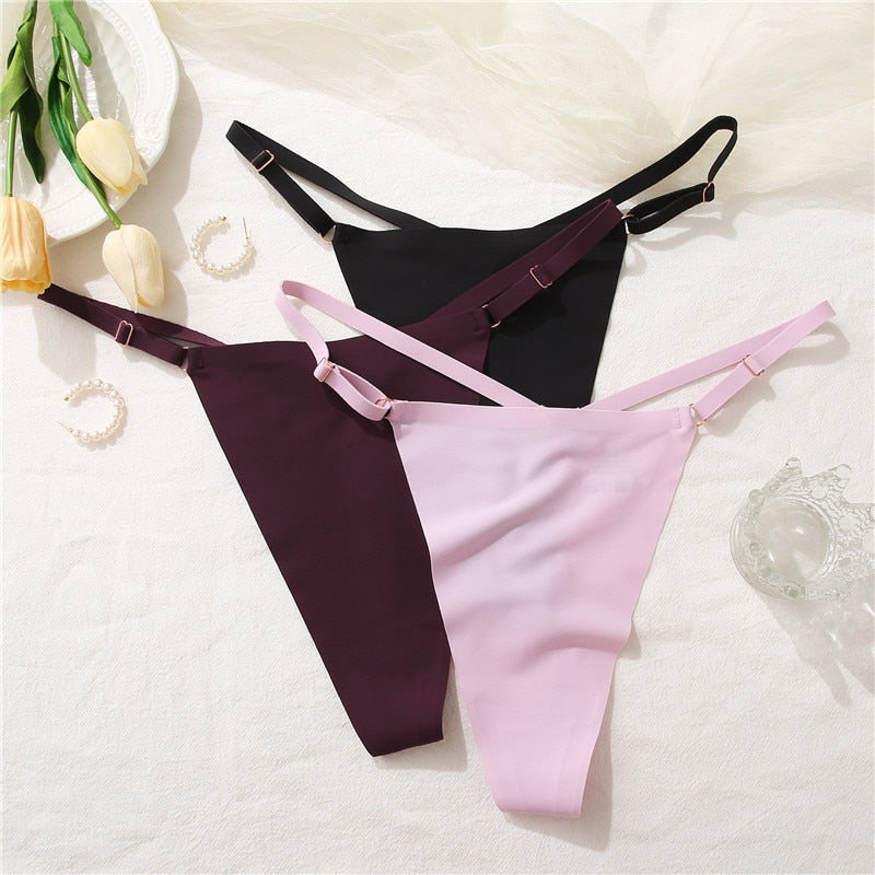 Three-pack of seamless women G-string lingerie by The Clothing Company Sydney, featuring adjustable straps and ice silk fabric.