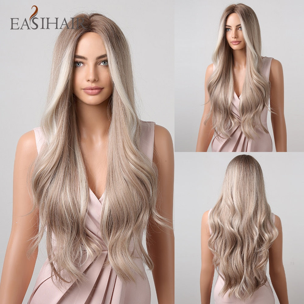 Long wavy synthetic wig with ombre brown and gray ash tones, middle part, suitable for daily wear or cosplay, by The Clothing Company Sydney.