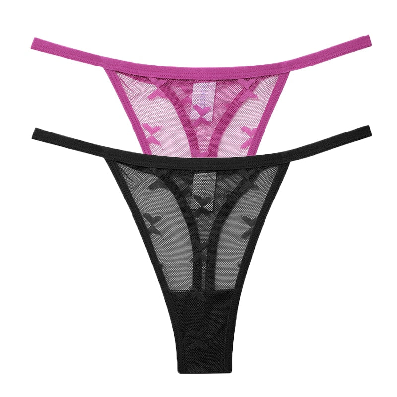 Two transparent mesh G-string panties from The Clothing Company Sydney, seamless lingerie with minimal coverage for women.