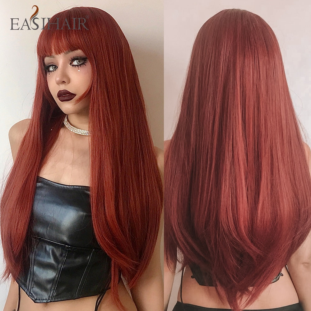 Brown straight synthetic wig with bangs, layered style, heat-resistant for women, ideal for daily wear, cosplay, or parties.