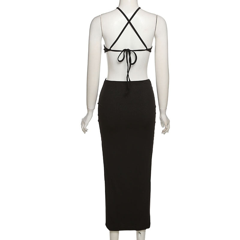 Elegant sleeveless summer halter maxi dress by The Clothing Company Sydney with backless design and stylish cutout details.