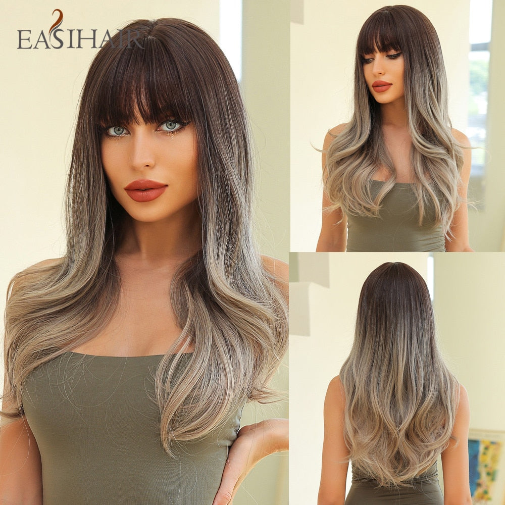 Long wavy synthetic wig with brown and blonde tones, featuring bangs, heat-resistant for daily wear and cosplay by The Clothing Company Sydney