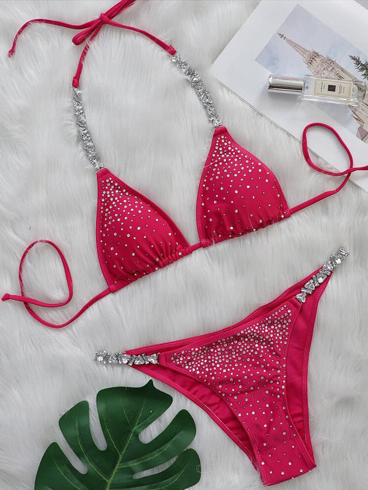 Shiny sequins diamond bikini for women, two-piece halter swimsuit from The Clothing Company Sydney, featuring a sparkling swimwear design.