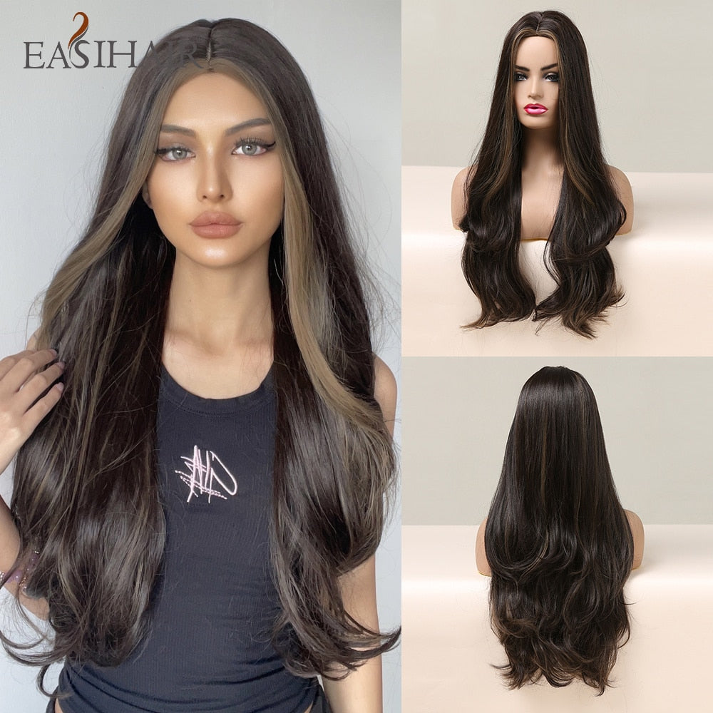 Long wavy synthetic wig with ombre brown, gray ash, and blonde shades, featuring a middle part, ideal for cosplay and daily wear.