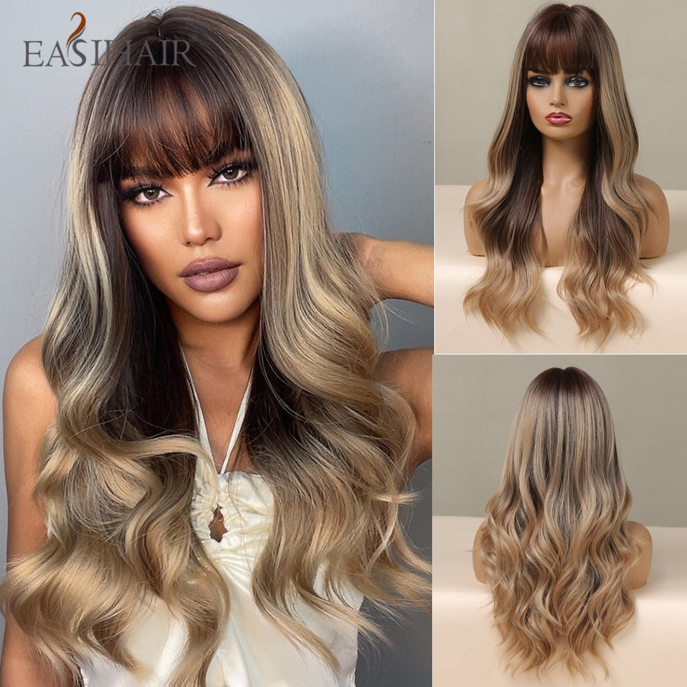 Long wavy synthetic wig with brown and mixed blonde tones, featuring bangs, for women’s daily wear or cosplay by The Clothing Company Sydney.
