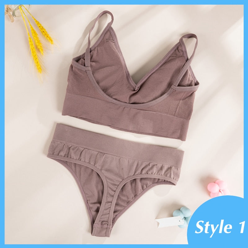 Seamless ribbed bralette and panty set from The Clothing Company Sydney, wireless lingerie with soft fabric and fitted design.