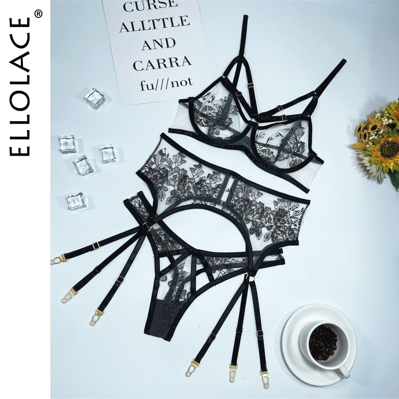 Elegant 3-piece lingerie set by The Clothing Company Sydney featuring lace, embroidery, transparent briefs, and matching garters.