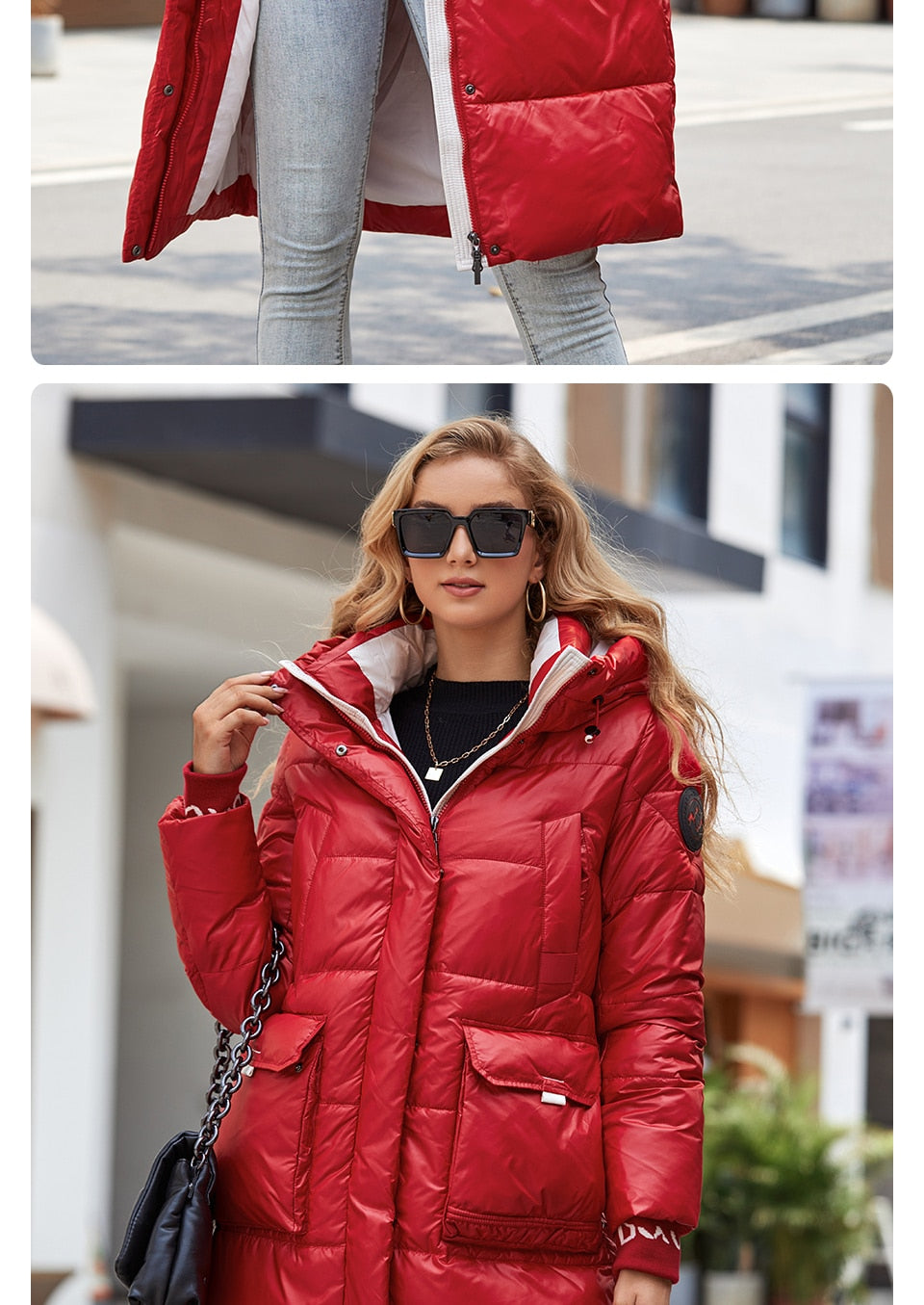 Women's down jacket by The Clothing Company Sydney, long slim parka with hood, stand collar, zipper closure, and large pockets.