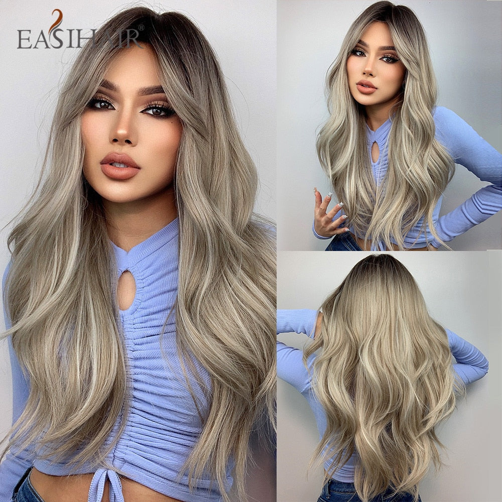 Ombre Brown Light Blonde Platinum Long Wavy Middle Part Hair Wig Cosplay Natural Heat Resistant Synthetic Wig for Women The Clothing Company Sydney