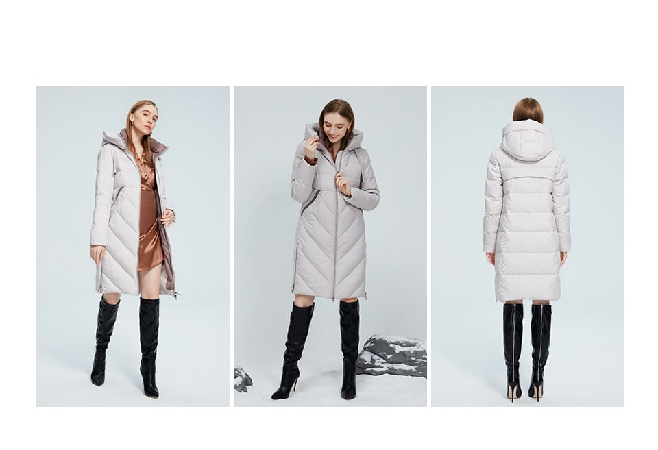 Winter women's long cotton jacket with hood, stand collar, zipper closure, and side pockets, windproof and warm from The Clothing Company Sydney.
