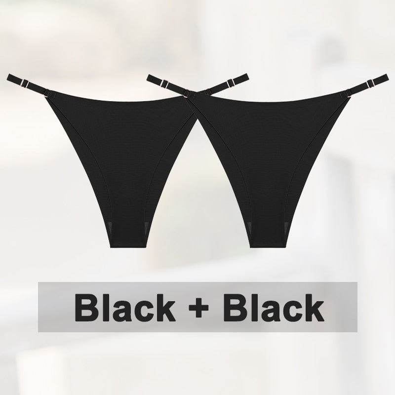 Two seamless silky G-string thongs from The Clothing Company Sydney, low-rise with adjustable waistband and hipster style lingerie.