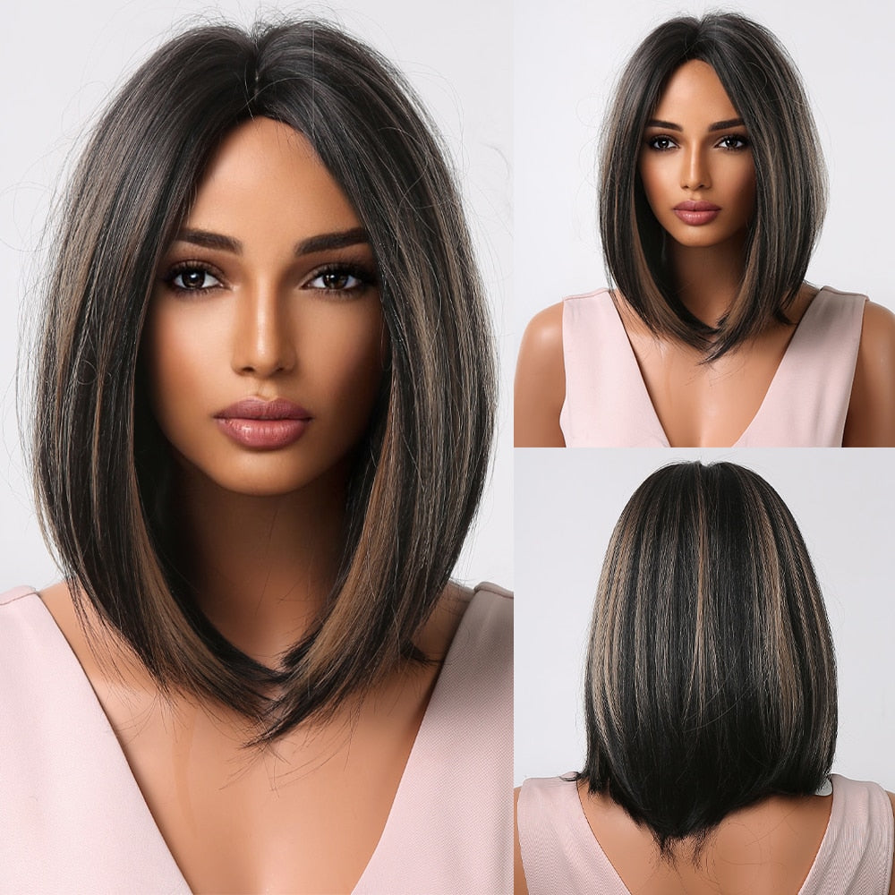 Blonde to brown ombre straight synthetic wig with bangs for women, suitable for daily wear, cosplay, and parties.