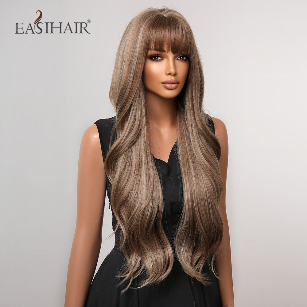 Long wavy synthetic wig in brown and blonde with bangs, heat resistant for women’s daily wear and cosplay by The Clothing Company Sydney.