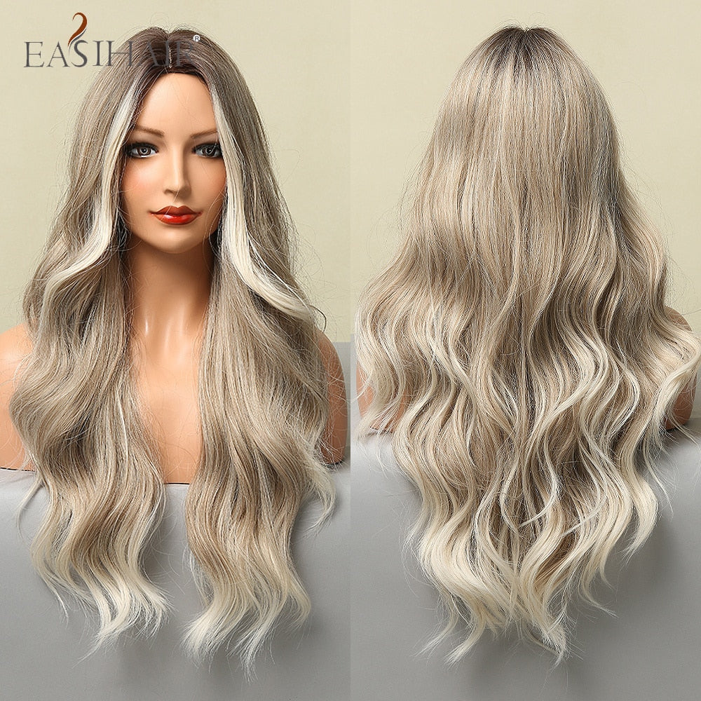 Long wavy synthetic wig with brown, gray, and blonde ombre shades, featuring a middle part, heat-resistant fibers, for women’s cosplay or daily wear.