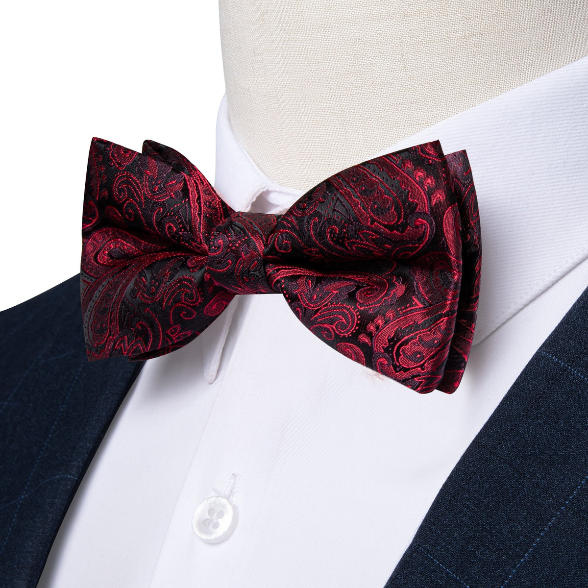 Red pre-tied wedding bow tie, silk butterfly knot, cufflinks, and corsage set for men, stylish accessories for formal occasions.