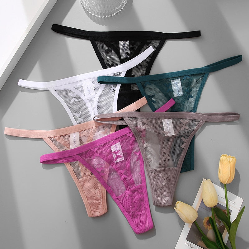 Two transparent mesh G-string panties from The Clothing Company Sydney, seamless thong underwear for women, lightweight and breathable.