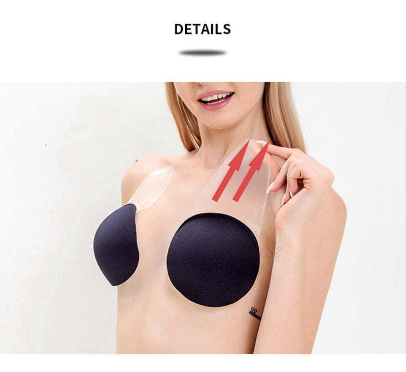 Invisible silicone push-up bra with transparent straps and backless design, ideal for wedding lingerie and reusable bralette tops.