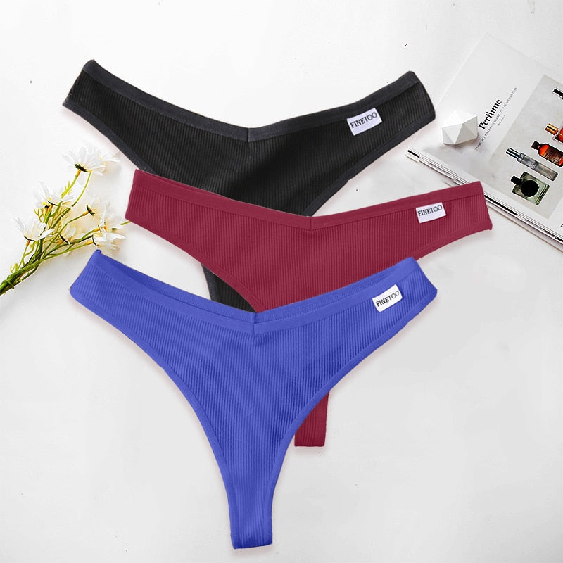 Three-pack set of cotton G-string panties with low waist, T-back design, and V-waist style from The Clothing Company Sydney.
