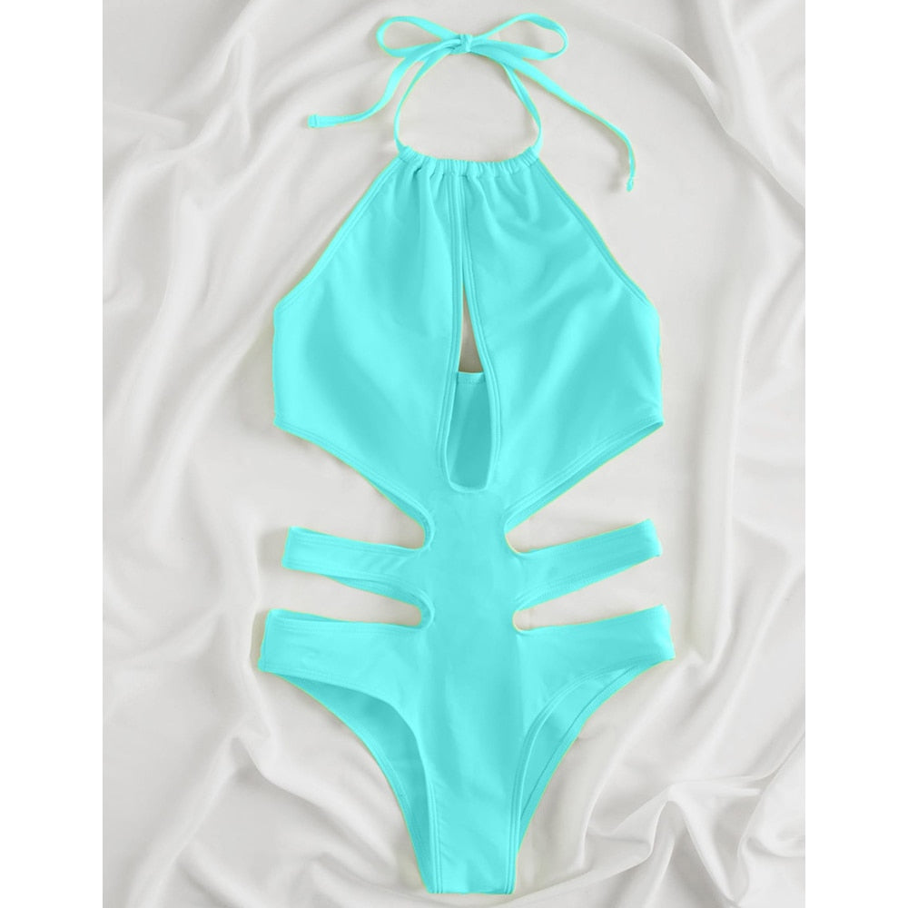 Solid black tied halter one-piece swimsuit for women with high waist, push-up design, hollow details, perfect for summer beachwear.