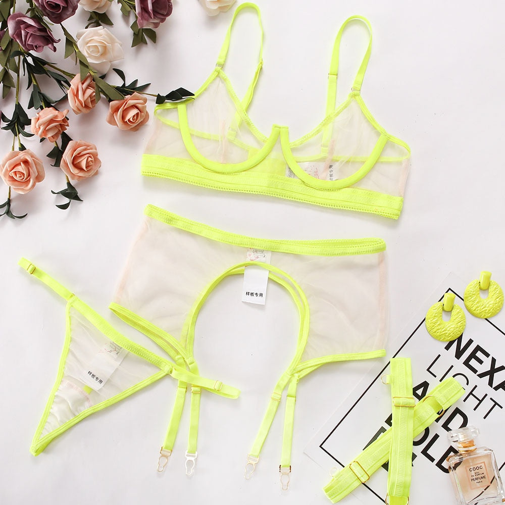 Sensual transparent lingerie set by The Clothing Company Sydney, includes seamless bra and panty, neon see-through women's underwear set.