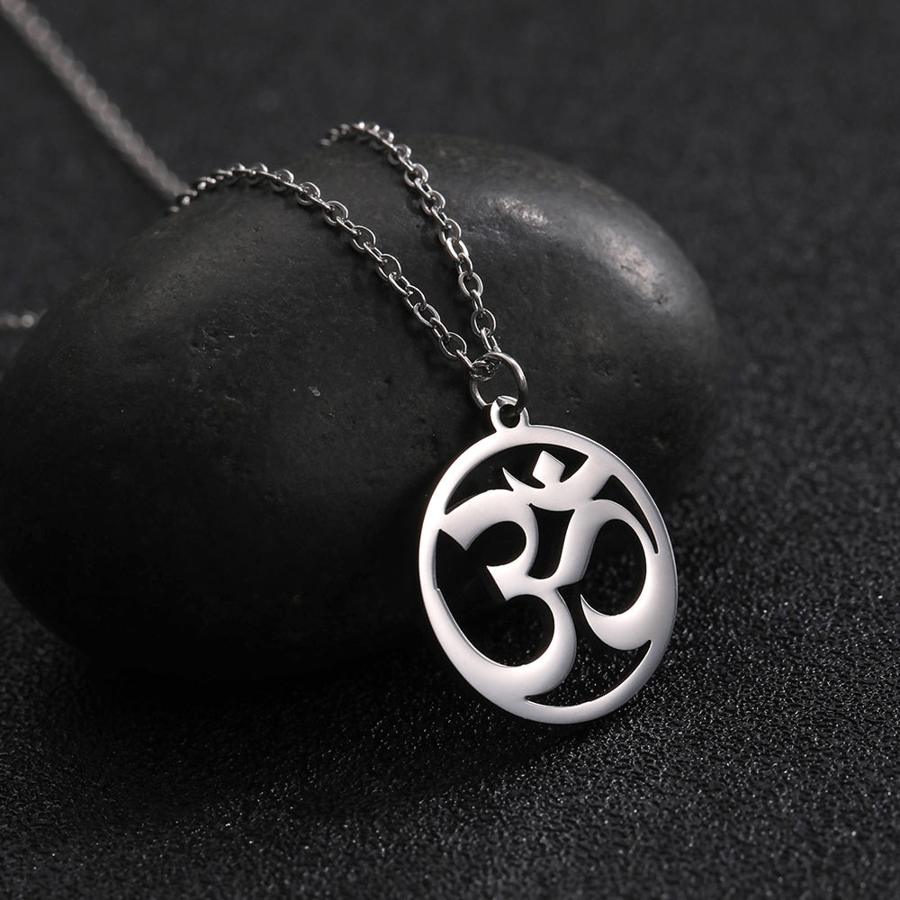 Stainless steel Tamil Om Aum symbol with trident pendant chain, vintage Shiva yoga jewelry, stylish and meaningful accessory.