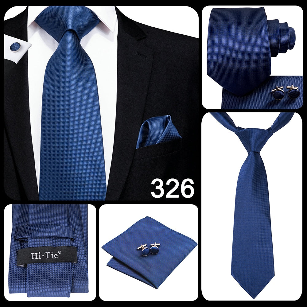 Blue silk business tie with white dots, plaid pattern, and matching cufflinks, perfect for wedding and business attire.