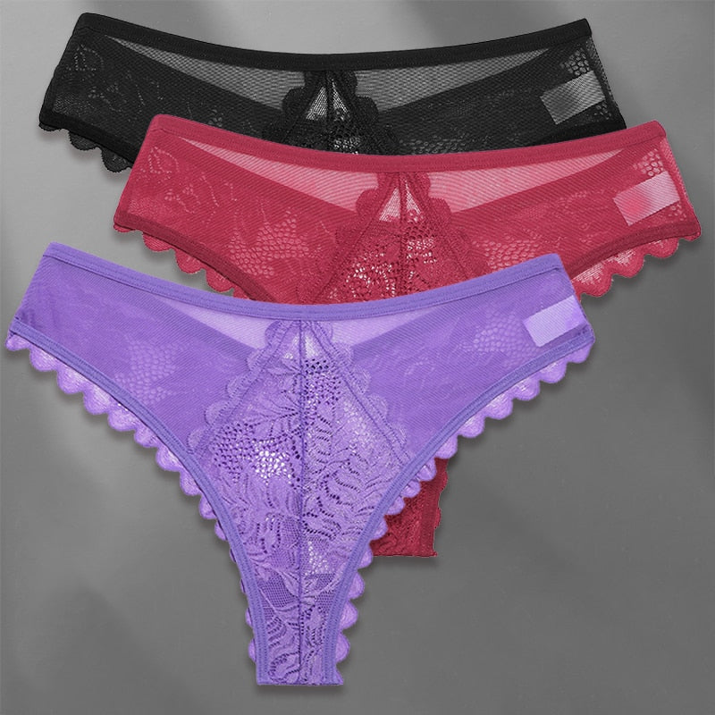 Three lace G-string panties from The Clothing Company Sydney, soft lingerie panties set in black and nude colors.