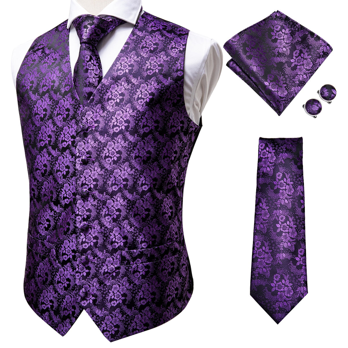 Luxury men's vest and tie set by The Clothing Company Sydney featuring paisley, floral, and plaid patterns in blue, gold, red, and silver.