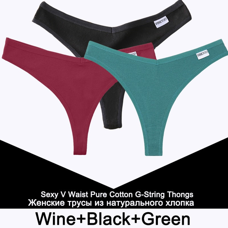 Three cotton V-waist G-string panties from The Clothing Company Sydney, featuring T-back design and comfortable lingerie fit.