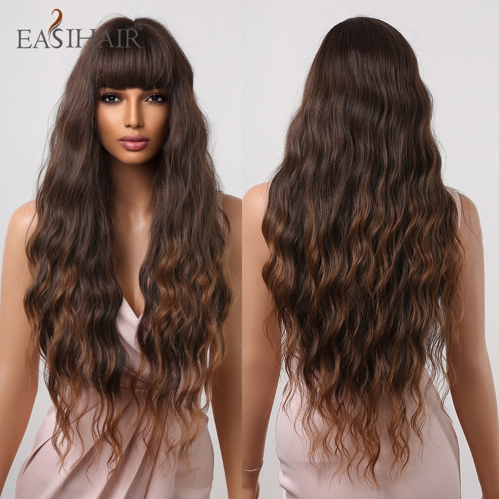 Long wavy ombre brown gray ash synthetic wig with middle part, mixed blonde highlights, suitable for cosplay and daily wear.