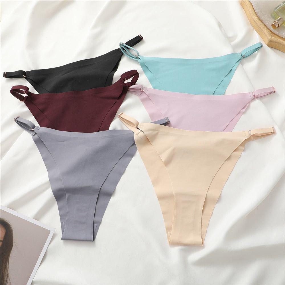 Two seamless silky G-string thongs with adjustable waistbands, low-rise hipster underwear by The Clothing Company Sydney.