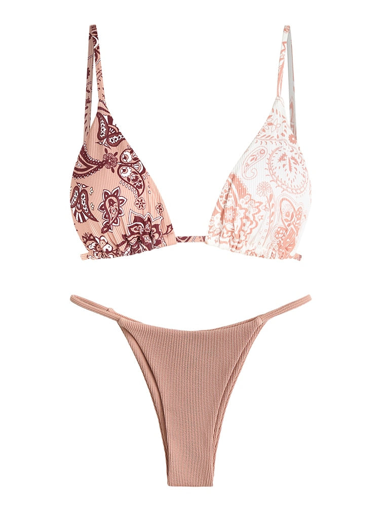 Two-piece ribbed bohemian paisley print halter bikini set with tie sides, colorful colorblock design, by The Clothing Company Sydney.