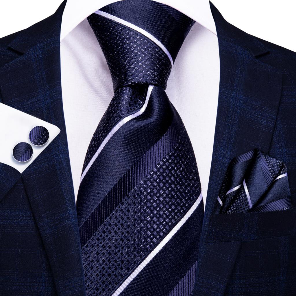 Blue silk men's business tie with white dots, plaid pattern, includes matching cufflinks, 150cm long, from The Clothing Company Sydney.