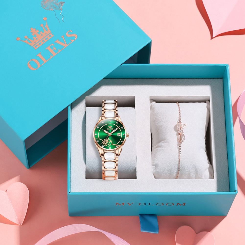 OLEVS luxury quartz ladies watch with Japanese movement, ceramic band, water resistance up to 30M, elegant women's wristwatch.