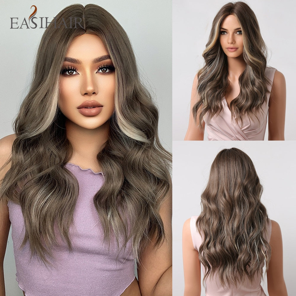 Long wavy synthetic wig with ombre brown, gray ash, and blonde highlights, featuring a middle part, for women’s daily cosplay.