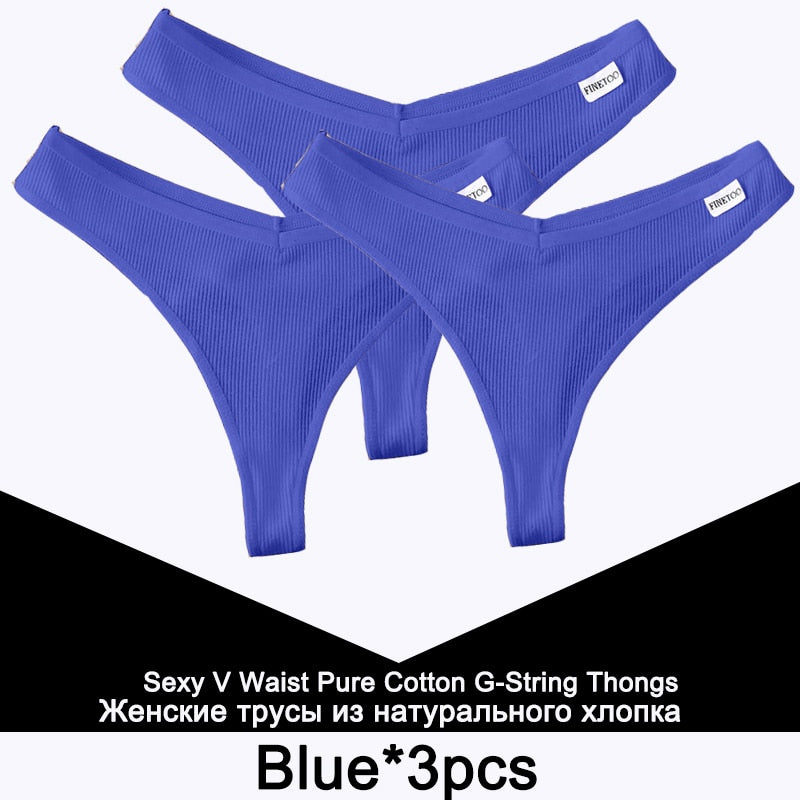 Three cotton V-waist G-string women's panties from The Clothing Company Sydney, showcasing comfortable T-back thong lingerie set.