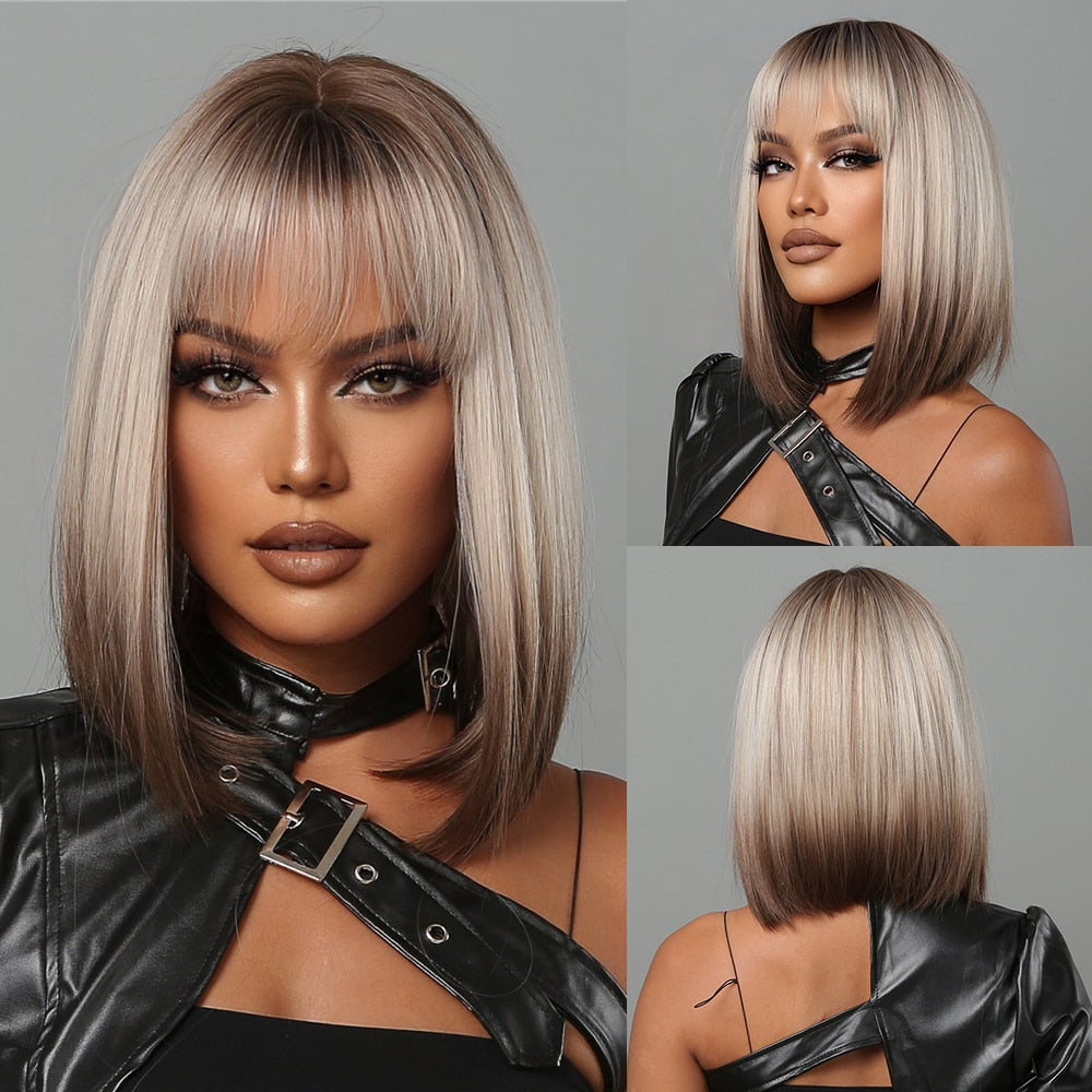 Blonde to brown ombre straight synthetic wig with bangs for women, heat-resistant daily cosplay and party accessory.