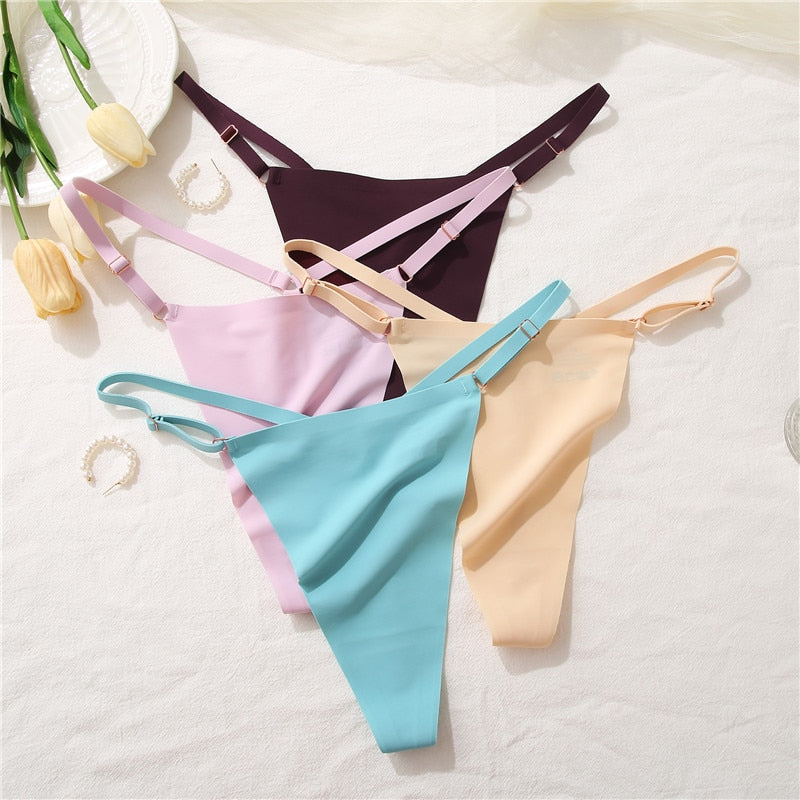 Three-pack seamless women's G-string panties from The Clothing Company Sydney, featuring adjustable straps and ice silk fabric.